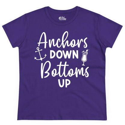 Anchors Down Bottoms Up Shirt - Funny Cruise Drinking Nautical Tee (Ladies Tee) in Purple - Anchors Down Bottoms Up Nautical Drinking Cruise Party Shirt