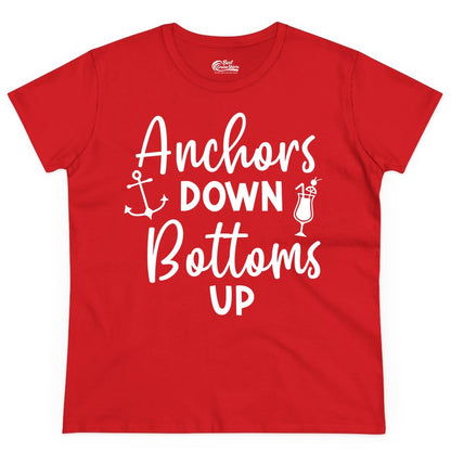 Anchors Down Bottoms Up Shirt - Funny Cruise Drinking Nautical Tee (Ladies Tee) in Red - Anchors Down Bottoms Up Nautical Drinking Cruise Party Shirt