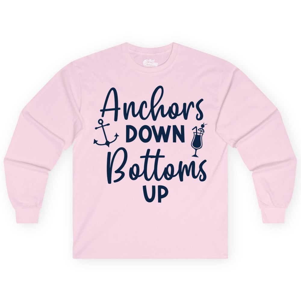 Anchors Down Bottoms Up Shirt - Funny Cruise Drinking Nautical Tee (Long Sleeve) in Light Pink - Anchors Down Bottoms Up Nautical Drinking Cruise Party Shirt