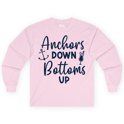 Anchors Down Bottoms Up Shirt - Funny Cruise Drinking Nautical Tee (Long Sleeve) in Light Pink - Anchors Down Bottoms Up Nautical Drinking Cruise Party Shirt