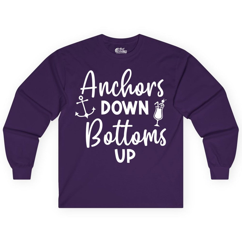 Anchors Down Bottoms Up Shirt - Funny Cruise Drinking Nautical Tee (Long Sleeve) in Purple - Anchors Down Bottoms Up Nautical Drinking Cruise Party Shirt