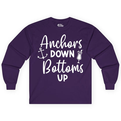 Anchors Down Bottoms Up Shirt - Funny Cruise Drinking Nautical Tee (Long Sleeve) in Purple - Anchors Down Bottoms Up Nautical Drinking Cruise Party Shirt