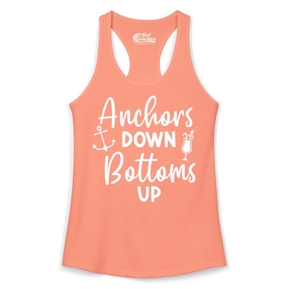 Anchors Down Bottoms Up Shirt - Funny Cruise Drinking Nautical Tee (Ladies Tank) in Solid Light Orange - Anchors Down Bottoms Up Nautical Drinking Cruise Party Shirt