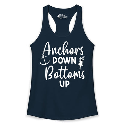 Anchors Down Bottoms Up Shirt - Funny Cruise Drinking Nautical Tee (Ladies Tank) in Solid Midnight Navy - Anchors Down Bottoms Up Nautical Drinking Cruise Party Shirt
