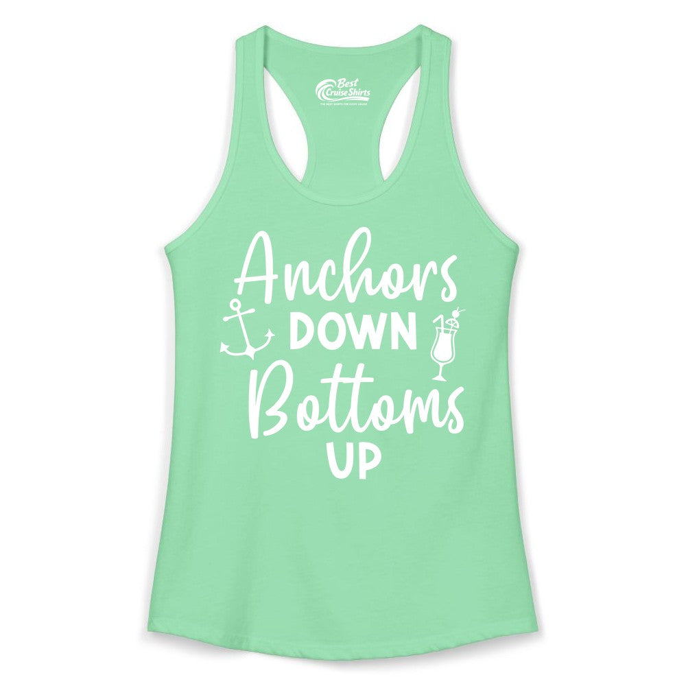 Anchors Down Bottoms Up Shirt - Funny Cruise Drinking Nautical Tee (Ladies Tank) in Solid Mint - Anchors Down Bottoms Up Nautical Drinking Cruise Party Shirt