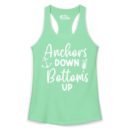 Anchors Down Bottoms Up Shirt - Funny Cruise Drinking Nautical Tee (Ladies Tank) in Solid Mint - Anchors Down Bottoms Up Nautical Drinking Cruise Party Shirt