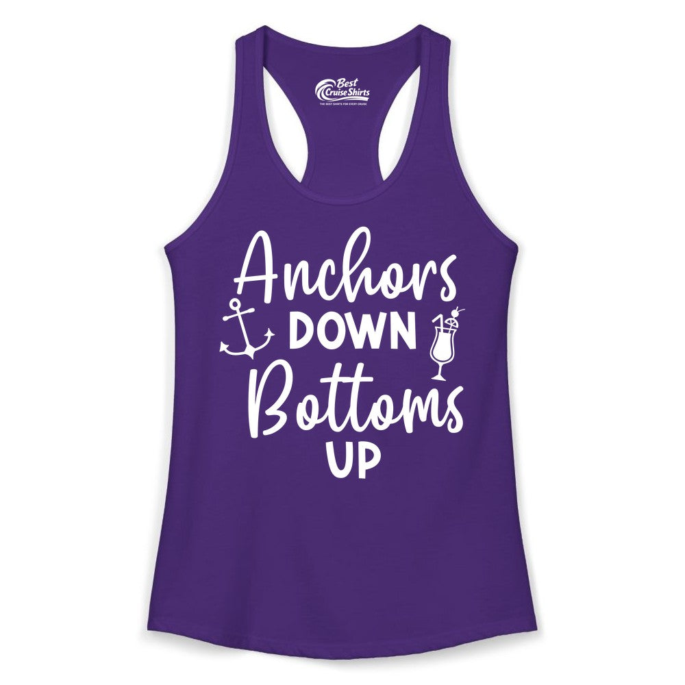 Anchors Down Bottoms Up Shirt - Funny Cruise Drinking Nautical Tee (Ladies Tank) in Solid Purple Rush - Anchors Down Bottoms Up Nautical Drinking Cruise Party Shirt