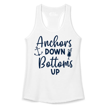 Anchors Down Bottoms Up Shirt - Funny Cruise Drinking Nautical Tee (Ladies Tank) in White - Anchors Down Bottoms Up Nautical Drinking Cruise Party Shirt