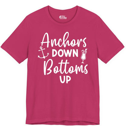 Anchors Down Bottoms Up Shirt - Funny Cruise Drinking Nautical Tee (Premium Tee) in Berry - Anchors Down Bottoms Up Nautical Drinking Cruise Party Shirt
