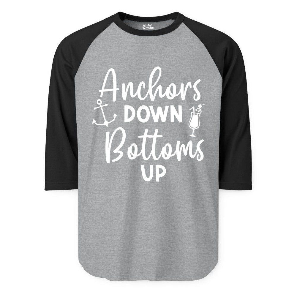 Anchors Down Bottoms Up Shirt - Funny Cruise Drinking Nautical Tee (Raglan) in Heather GreyBlack - Anchors Down Bottoms Up Nautical Drinking Cruise Party Shirt