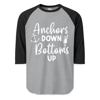 Anchors Down Bottoms Up Shirt - Funny Cruise Drinking Nautical Tee (Raglan) in Heather GreyBlack - Anchors Down Bottoms Up Nautical Drinking Cruise Party Shirt