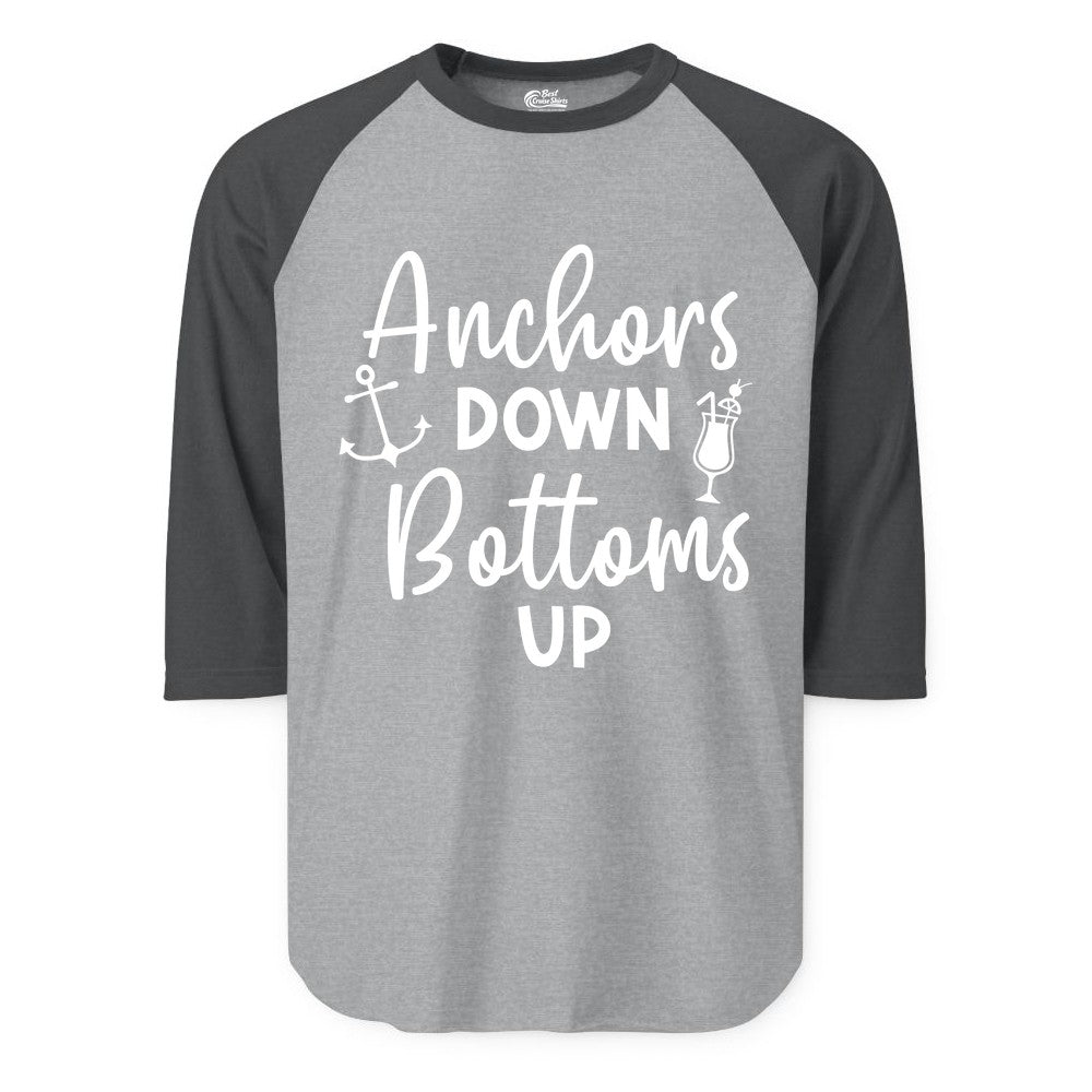 Anchors Down Bottoms Up Shirt - Funny Cruise Drinking Nautical Tee (Raglan) in Heather GreyHeather Charcoal - Anchors Down Bottoms Up Nautical Drinking Cruise Party Shirt