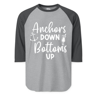 Anchors Down Bottoms Up Shirt - Funny Cruise Drinking Nautical Tee (Raglan) in Heather GreyHeather Charcoal - Anchors Down Bottoms Up Nautical Drinking Cruise Party Shirt