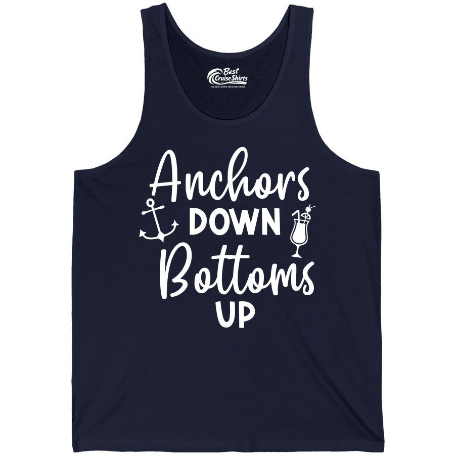 Anchors Down Bottoms Up Shirt - Funny Cruise Drinking Nautical Tee (Tank Top) in Navy - Anchors Down Bottoms Up Nautical Drinking Cruise Party Shirt
