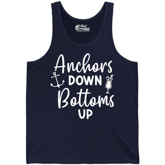 Anchors Down Bottoms Up Shirt - Funny Cruise Drinking Nautical Tee (Tank Top) in Navy - Anchors Down Bottoms Up Nautical Drinking Cruise Party Shirt