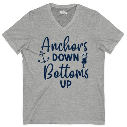Anchors Down Bottoms Up Shirt - Funny Cruise Drinking Nautical Tee (V-Neck) in Athletic Heather - Anchors Down Bottoms Up Nautical Drinking Cruise Party Shirt