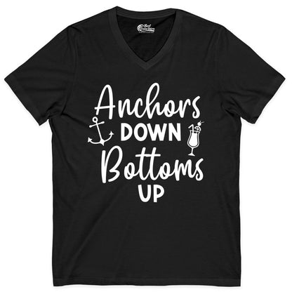 Anchors Down Bottoms Up Shirt - Funny Cruise Drinking Nautical Tee (V-Neck) in Black - Anchors Down Bottoms Up Nautical Drinking Cruise Party Shirt