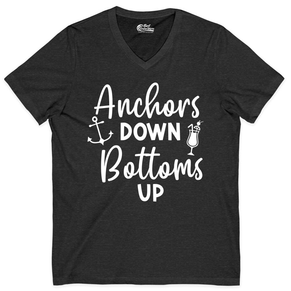Anchors Down Bottoms Up Shirt - Funny Cruise Drinking Nautical Tee (V-Neck) in Dark Grey Heather - Anchors Down Bottoms Up Nautical Drinking Cruise Party Shirt