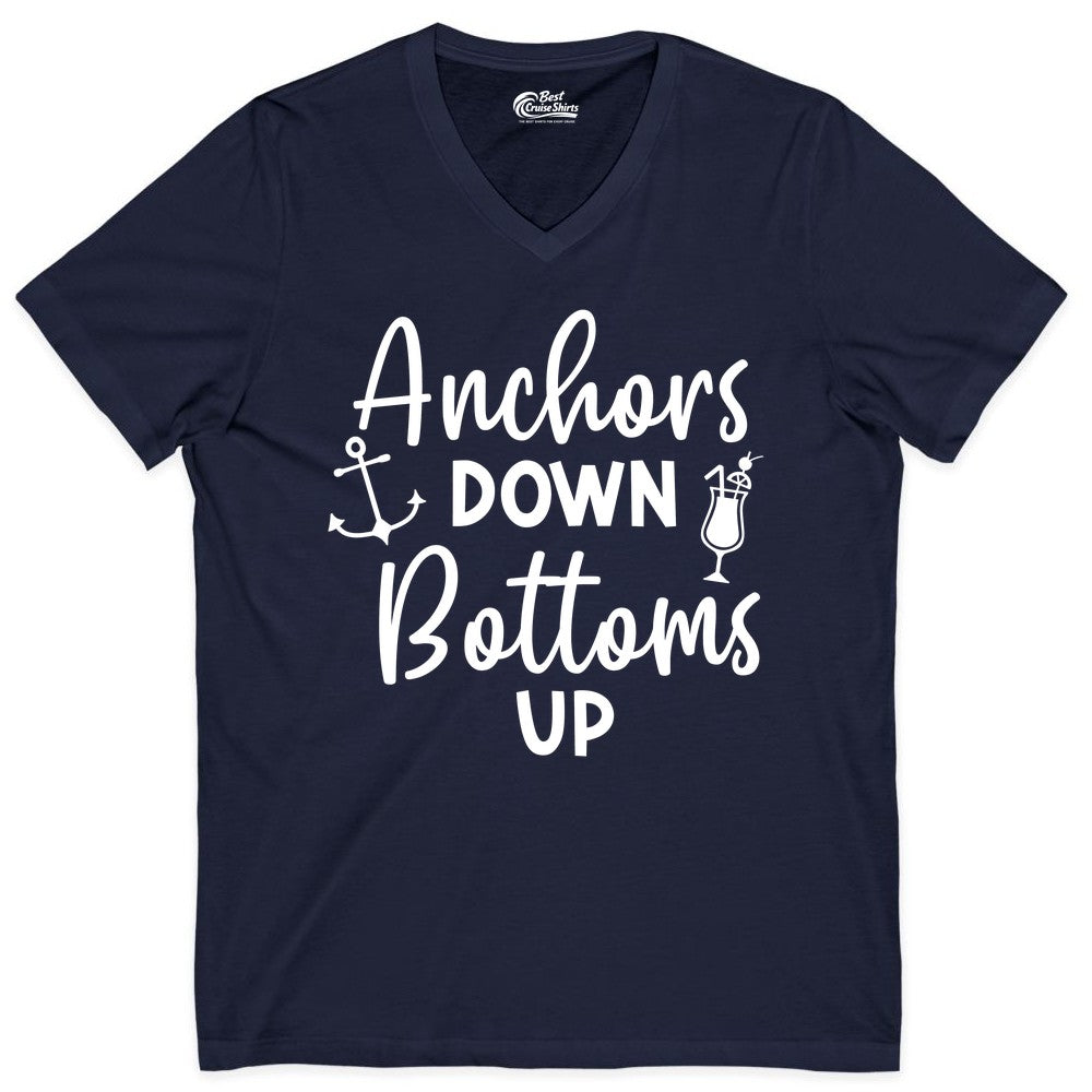 Anchors Down Bottoms Up Shirt - Funny Cruise Drinking Nautical Tee (V-Neck) in Navy - Anchors Down Bottoms Up Nautical Drinking Cruise Party Shirt