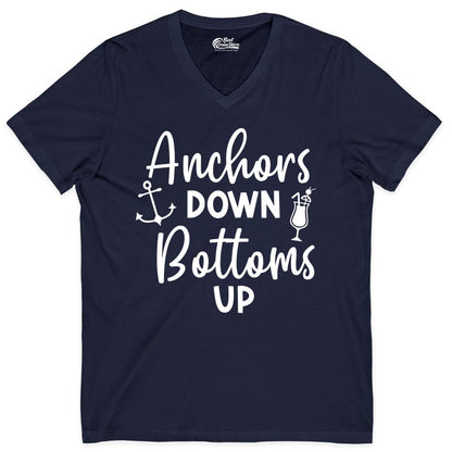 Anchors Down Bottoms Up Shirt - Funny Cruise Drinking Nautical Tee (V-Neck) in Navy - Anchors Down Bottoms Up Nautical Drinking Cruise Party Shirt