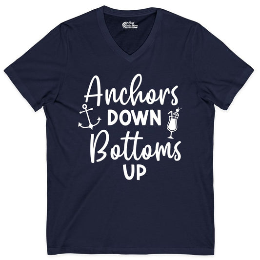 Anchors Down Bottoms Up Shirt - Funny Cruise Drinking Nautical Tee (V-Neck) in Navy - Anchors Down Bottoms Up Nautical Drinking Cruise Party Shirt