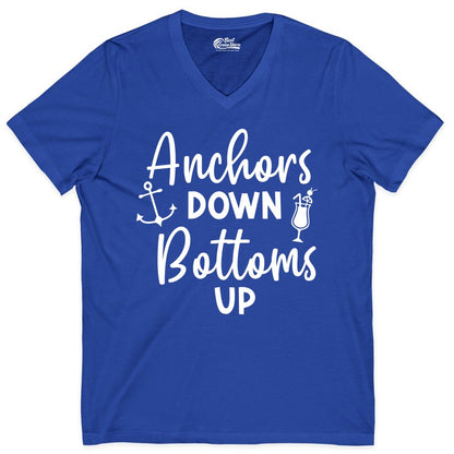 Anchors Down Bottoms Up Shirt - Funny Cruise Drinking Nautical Tee (V-Neck) in True Royal - Anchors Down Bottoms Up Nautical Drinking Cruise Party Shirt
