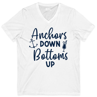 Anchors Down Bottoms Up Shirt - Funny Cruise Drinking Nautical Tee (V-Neck) in White - Anchors Down Bottoms Up Nautical Drinking Cruise Party Shirt