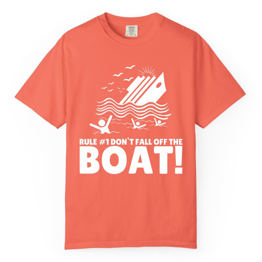 Funny Cruise Shirt - Humorous Sinking Ship Nautical Joke Tee (Comfort Color) in Bright Salmon - Funny Cruise Ship Safety Warning Sinking Boat Cartoon Shirt