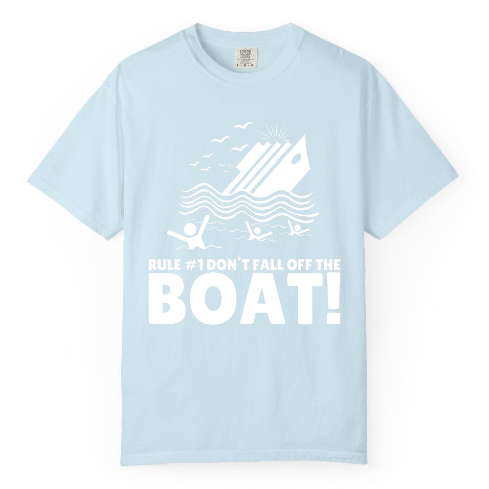 Funny Cruise Shirt - Humorous Sinking Ship Nautical Joke Tee (Comfort Color) in Chambray - Funny Cruise Ship Safety Warning Sinking Boat Cartoon Shirt