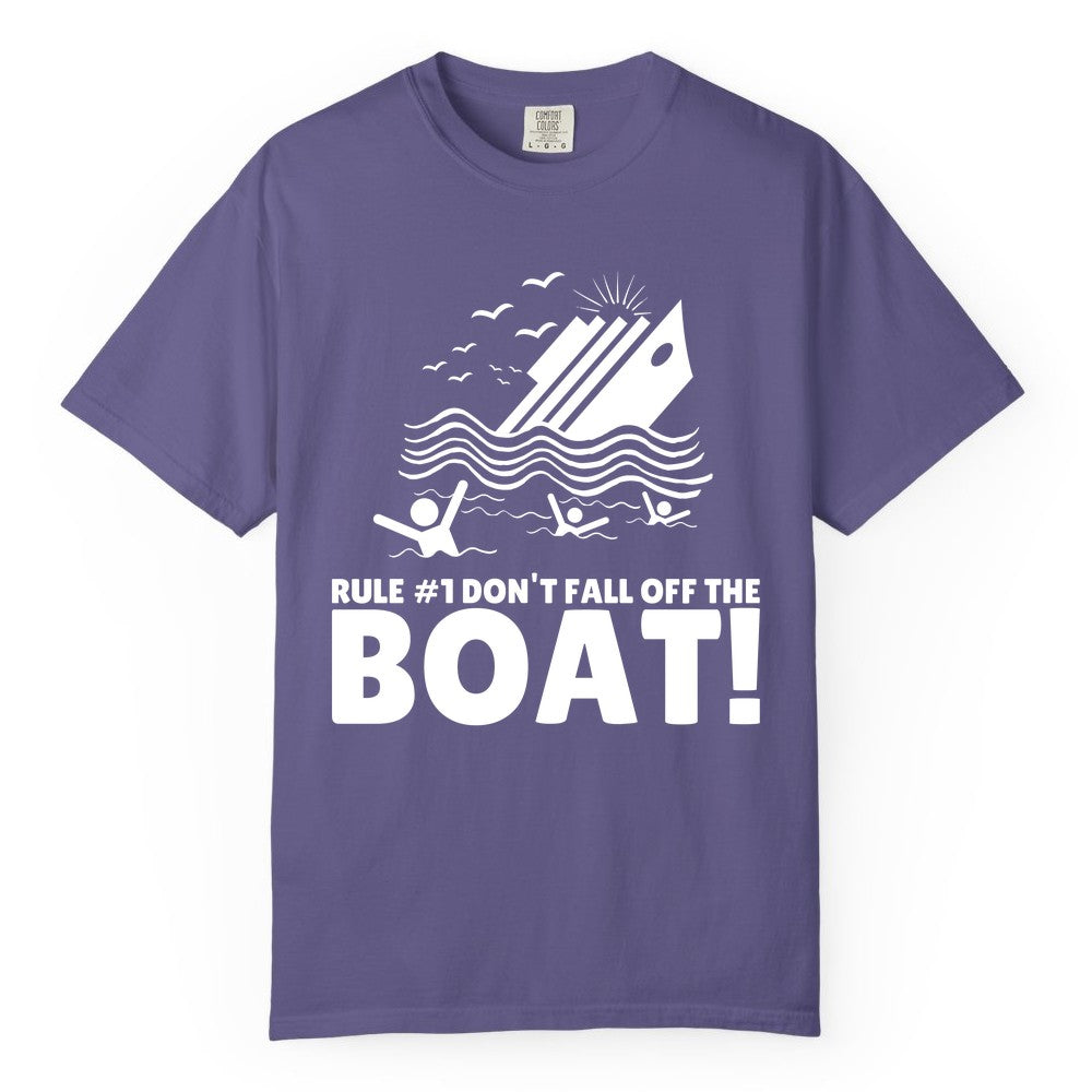 Funny Cruise Shirt - Humorous Sinking Ship Nautical Joke Tee (Comfort Color) in Grape - Funny Cruise Ship Safety Warning Sinking Boat Cartoon Shirt