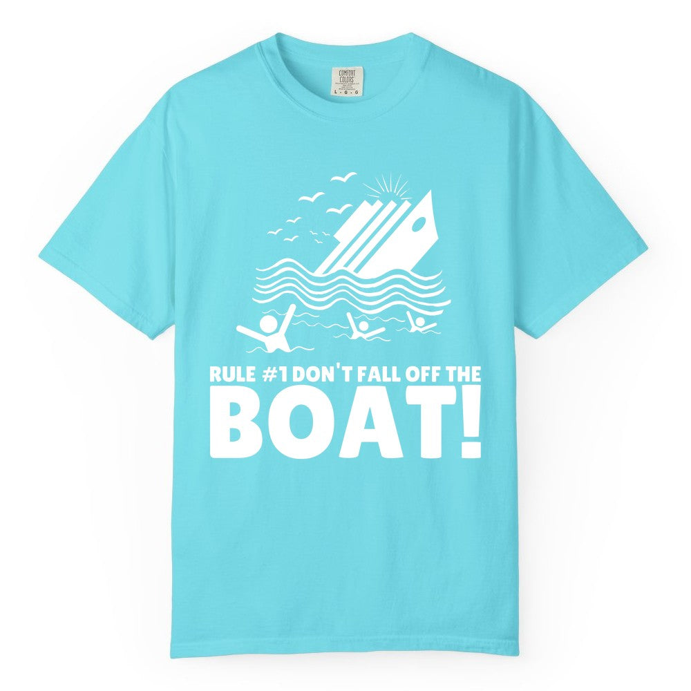 Funny Cruise Shirt - Humorous Sinking Ship Nautical Joke Tee (Comfort Color) in Lagoon Blue - Funny Cruise Ship Safety Warning Sinking Boat Cartoon Shirt