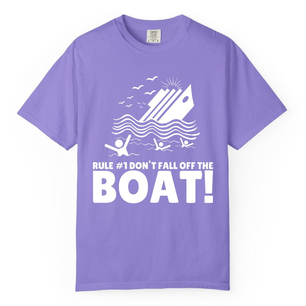 Funny Cruise Shirt - Humorous Sinking Ship Nautical Joke Tee (Comfort Color) in Violet - Funny Cruise Ship Safety Warning Sinking Boat Cartoon Shirt
