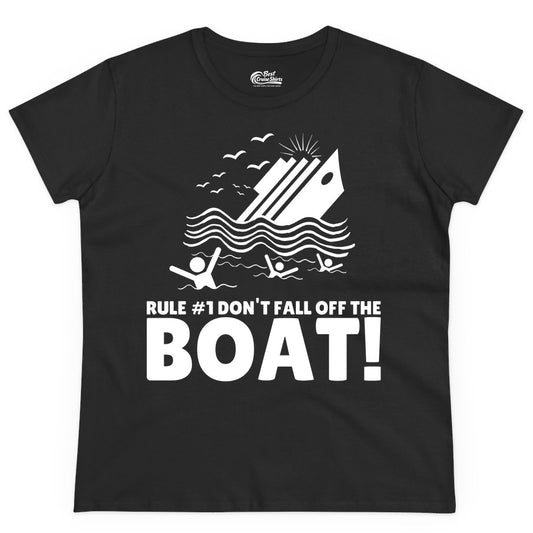 Funny Cruise Shirt - Humorous Sinking Ship Nautical Joke Tee (Ladies Tee) in Black - Funny Cruise Ship Safety Warning Sinking Boat Cartoon Shirt