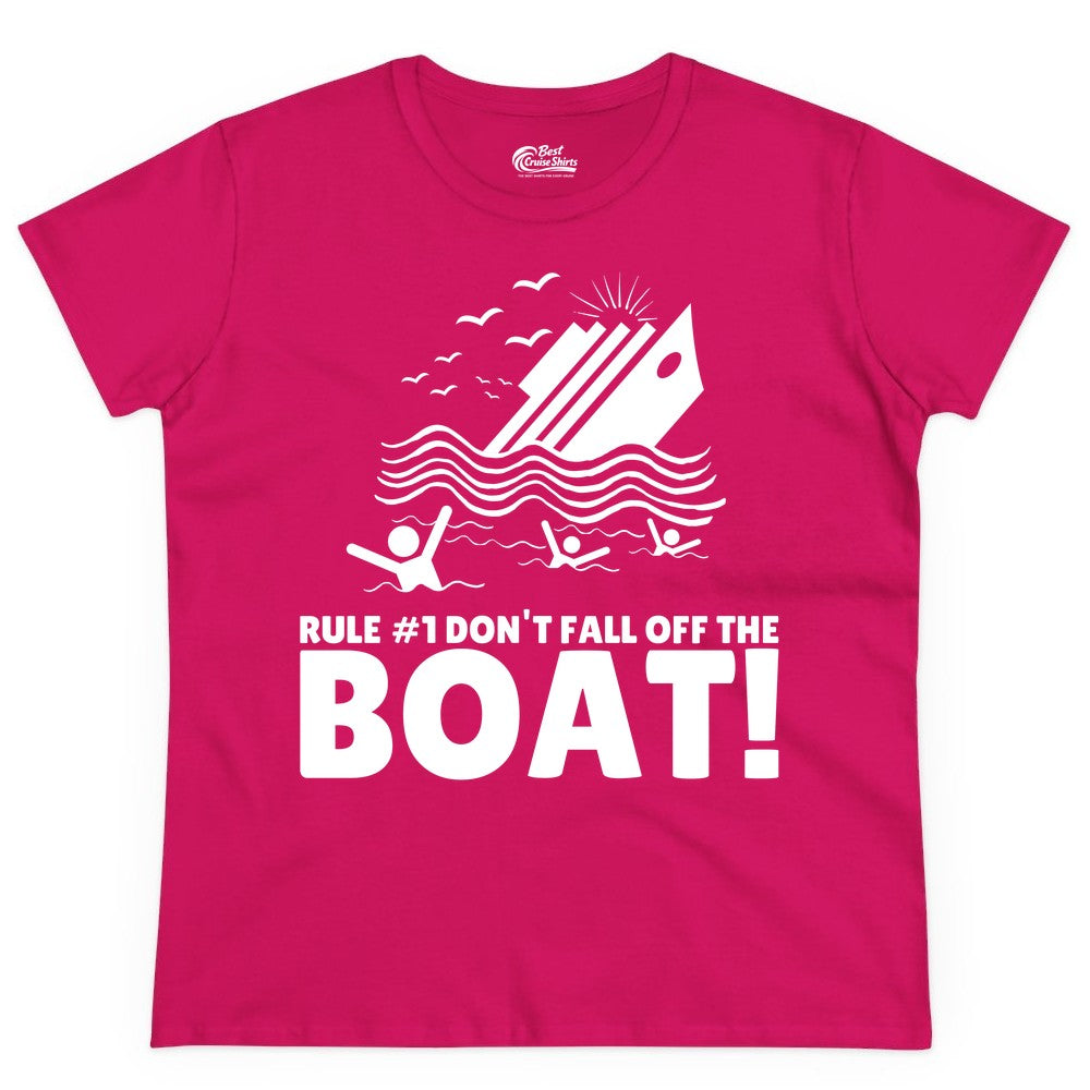 Funny Cruise Shirt - Humorous Sinking Ship Nautical Joke Tee (Ladies Tee) in Heliconia - Funny Cruise Ship Safety Warning Sinking Boat Cartoon Shirt