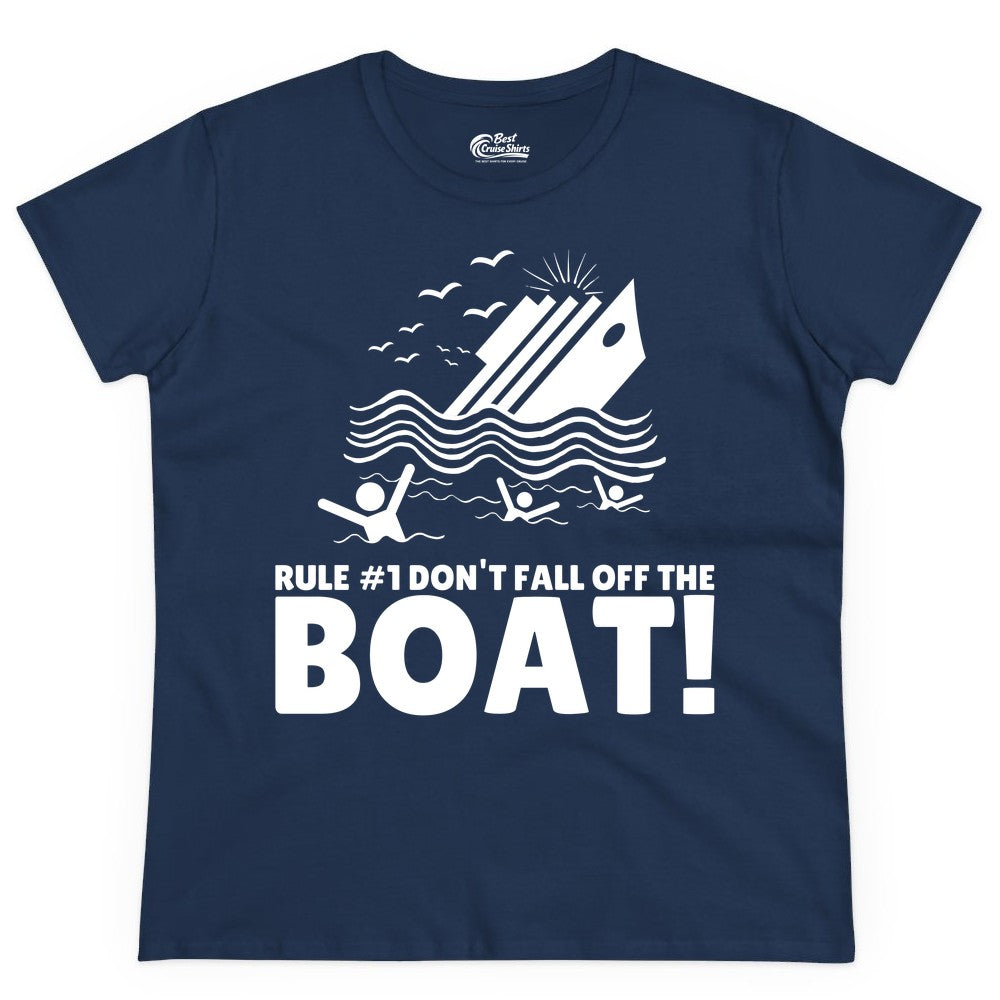 Funny Cruise Shirt - Humorous Sinking Ship Nautical Joke Tee (Ladies Tee) in Navy - Funny Cruise Ship Safety Warning Sinking Boat Cartoon Shirt