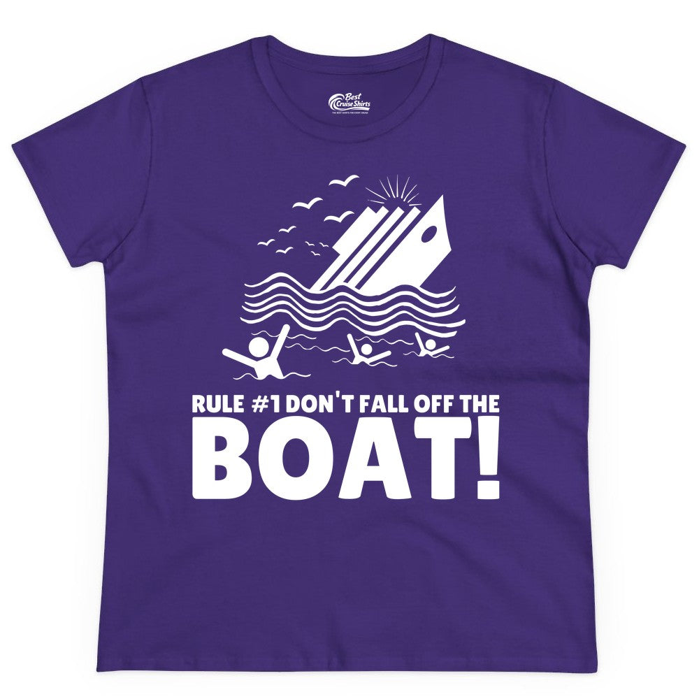 Funny Cruise Shirt - Humorous Sinking Ship Nautical Joke Tee (Ladies Tee) in Purple - Funny Cruise Ship Safety Warning Sinking Boat Cartoon Shirt