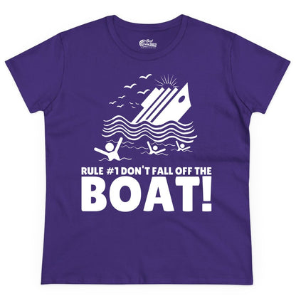 Funny Cruise Shirt - Humorous Sinking Ship Nautical Joke Tee (Ladies Tee) in Purple - Funny Cruise Ship Safety Warning Sinking Boat Cartoon Shirt
