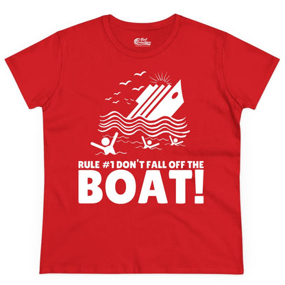 Funny Cruise Shirt - Humorous Sinking Ship Nautical Joke Tee (Ladies Tee) in Red - Funny Cruise Ship Safety Warning Sinking Boat Cartoon Shirt