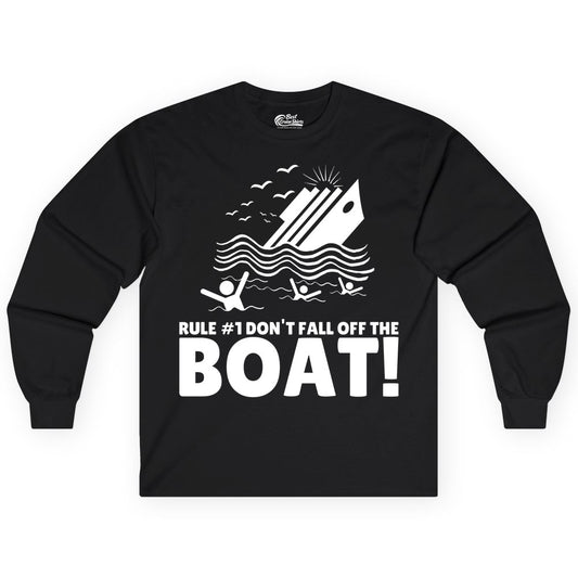 Funny Cruise Shirt - Humorous Sinking Ship Nautical Joke Tee (Long Sleeve) in Black - Funny Cruise Ship Safety Warning Sinking Boat Cartoon Shirt
