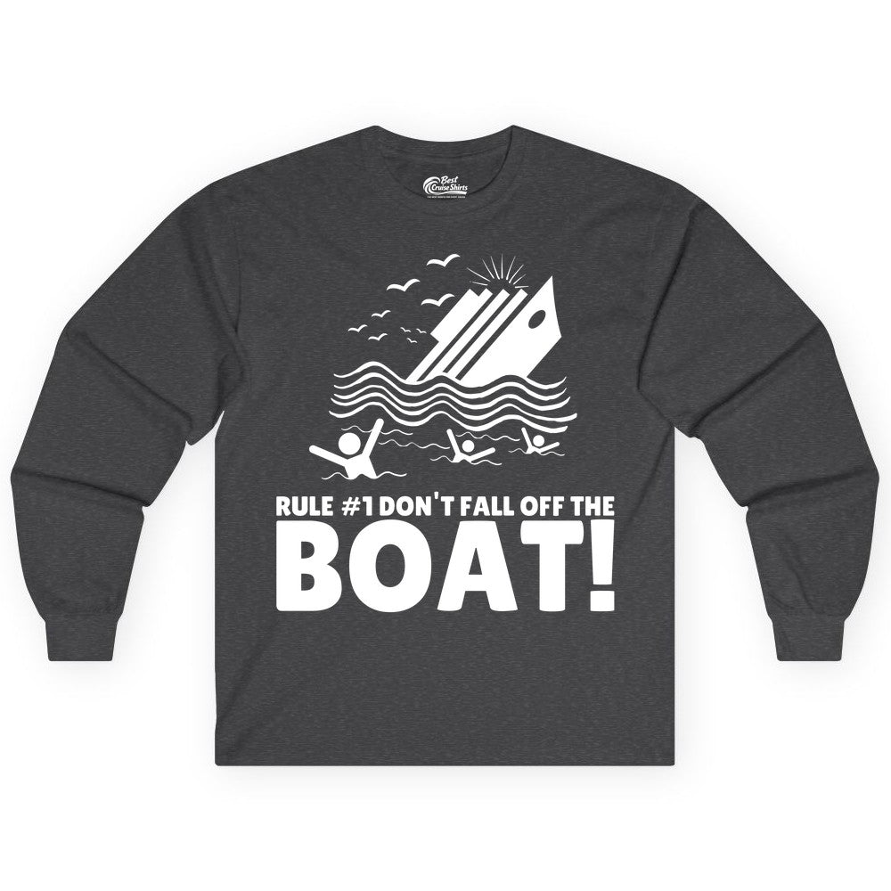 Funny Cruise Shirt - Humorous Sinking Ship Nautical Joke Tee (Long Sleeve) in Dark Heather - Funny Cruise Ship Safety Warning Sinking Boat Cartoon Shirt