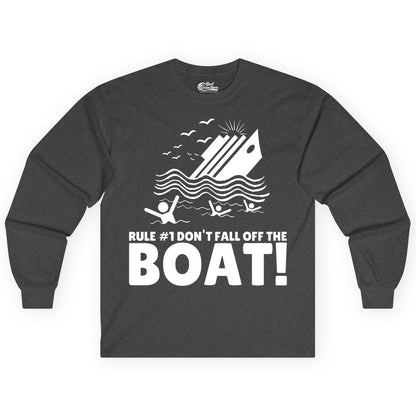 Funny Cruise Shirt - Humorous Sinking Ship Nautical Joke Tee (Long Sleeve) in Dark Heather - Funny Cruise Ship Safety Warning Sinking Boat Cartoon Shirt