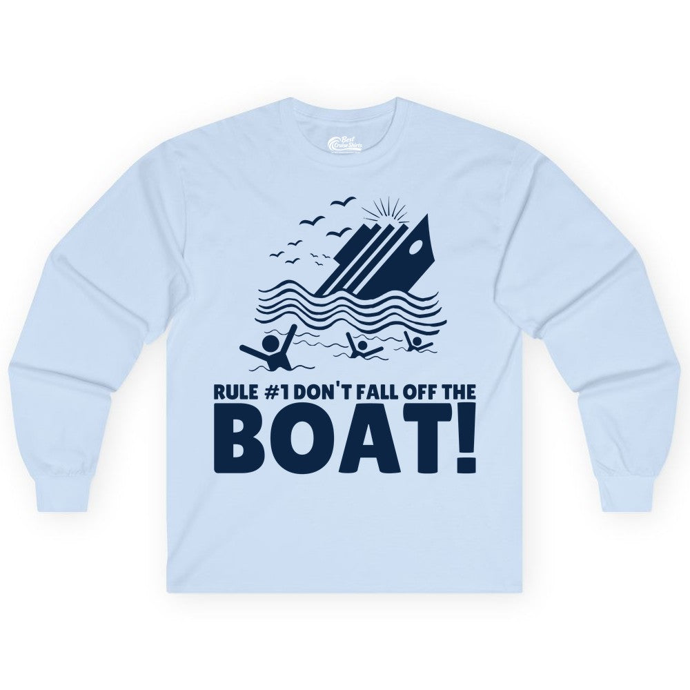 Funny Cruise Shirt - Humorous Sinking Ship Nautical Joke Tee (Long Sleeve) in Light Blue - Funny Cruise Ship Safety Warning Sinking Boat Cartoon Shirt