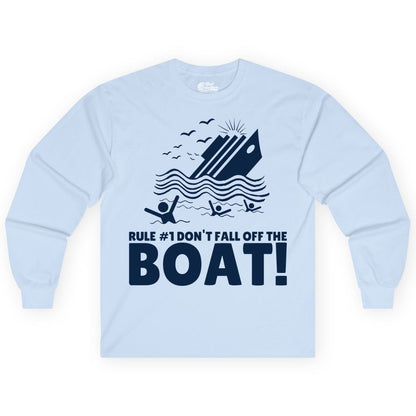 Funny Cruise Shirt - Humorous Sinking Ship Nautical Joke Tee (Long Sleeve) in Light Blue - Funny Cruise Ship Safety Warning Sinking Boat Cartoon Shirt