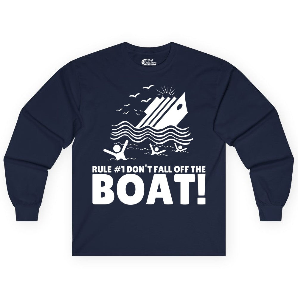 Funny Cruise Shirt - Humorous Sinking Ship Nautical Joke Tee (Long Sleeve) in Navy - Funny Cruise Ship Safety Warning Sinking Boat Cartoon Shirt