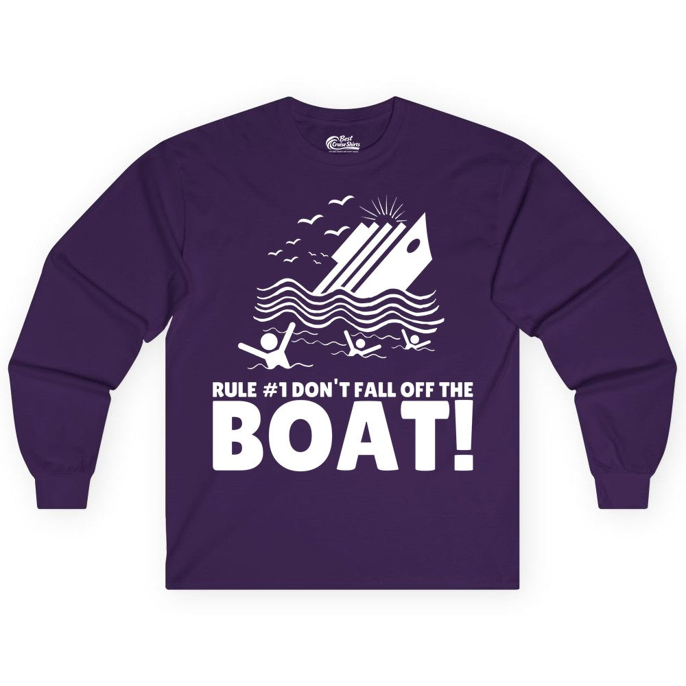 Funny Cruise Shirt - Humorous Sinking Ship Nautical Joke Tee (Long Sleeve) in Purple - Funny Cruise Ship Safety Warning Sinking Boat Cartoon Shirt