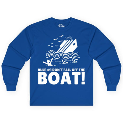 Funny Cruise Shirt - Humorous Sinking Ship Nautical Joke Tee (Long Sleeve) in Royal - Funny Cruise Ship Safety Warning Sinking Boat Cartoon Shirt