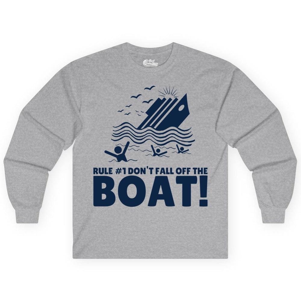 Funny Cruise Shirt - Humorous Sinking Ship Nautical Joke Tee (Long Sleeve) in Sport Grey - Funny Cruise Ship Safety Warning Sinking Boat Cartoon Shirt