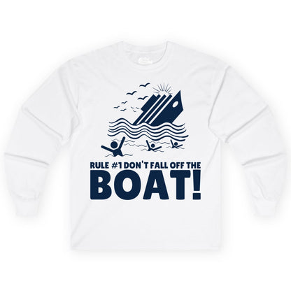Funny Cruise Shirt - Humorous Sinking Ship Nautical Joke Tee (Long Sleeve) in White - Funny Cruise Ship Safety Warning Sinking Boat Cartoon Shirt
