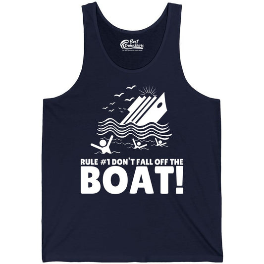 Funny Cruise Shirt - Humorous Sinking Ship Nautical Joke Tee (Tank Top) in Navy - Funny Cruise Ship Safety Warning Sinking Boat Cartoon Shirt
