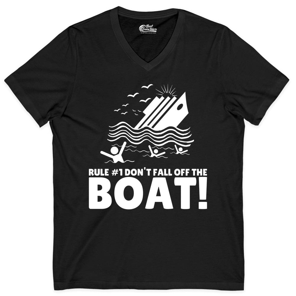 Funny Cruise Shirt - Humorous Sinking Ship Nautical Joke Tee (V-Neck) in Black - Funny Cruise Ship Safety Warning Sinking Boat Cartoon Shirt